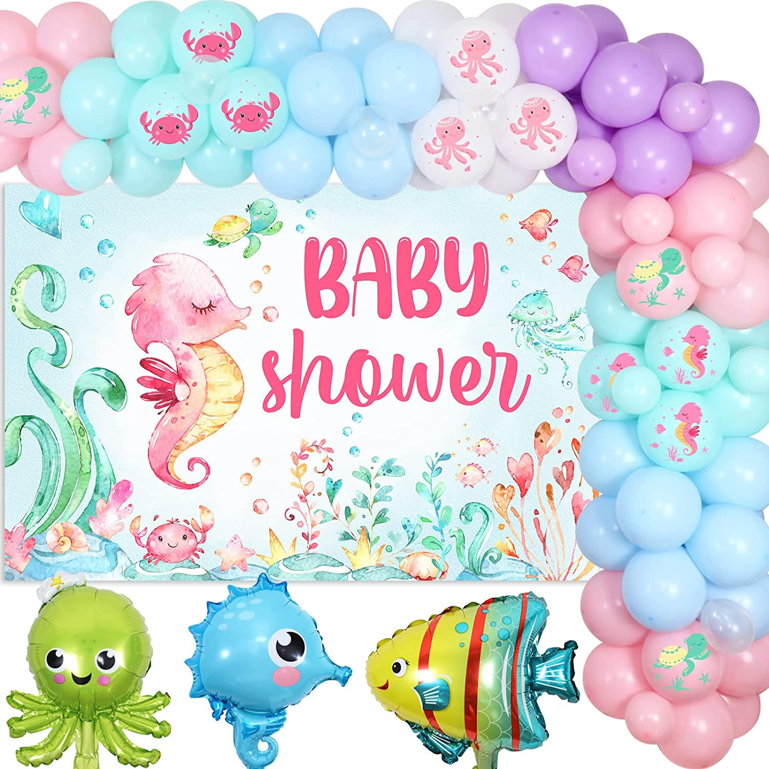 Ocean Themed Baby Shower for Girl, Under The Sea Baby Shower Decorations  Balloon Garland Arch Kit, Octopus Seahorse Bubble Fish Foil Balloons with  Baby Shower Backdrop for Ocean Baby Shower Party 