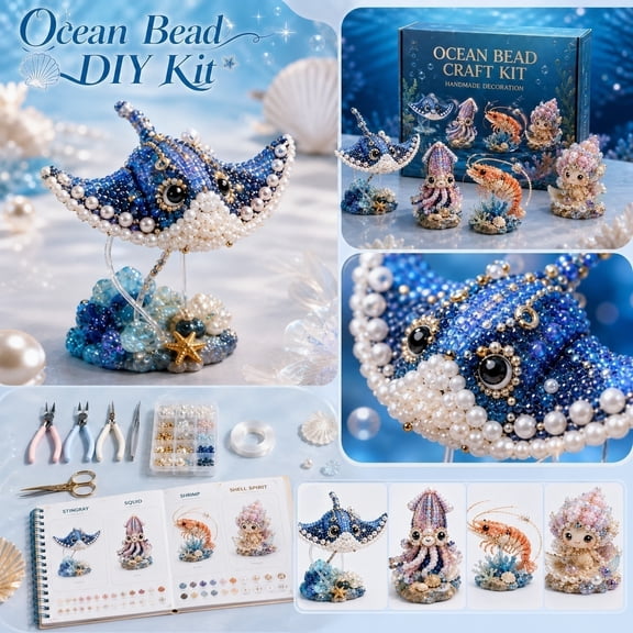 Ocean Themed Beaded DIY Kit for Adults – 4-Piece Marine Craft Set (Ray, Octopus, Shrimp, Seashell) with Pre-Sorted Beads, Plastic Frames & Visual Instructions – Stress-Relief Art Therapy Activity