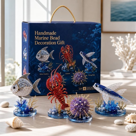 Ocean Themed Beaded DIY Kit for Adults – 4-Piece Marine Life Craft Set (Tuna, Lobster, Sea Urchin, Flying Fish) with Pre-Sorted Beads, Numbered Templates & Nylon Thread