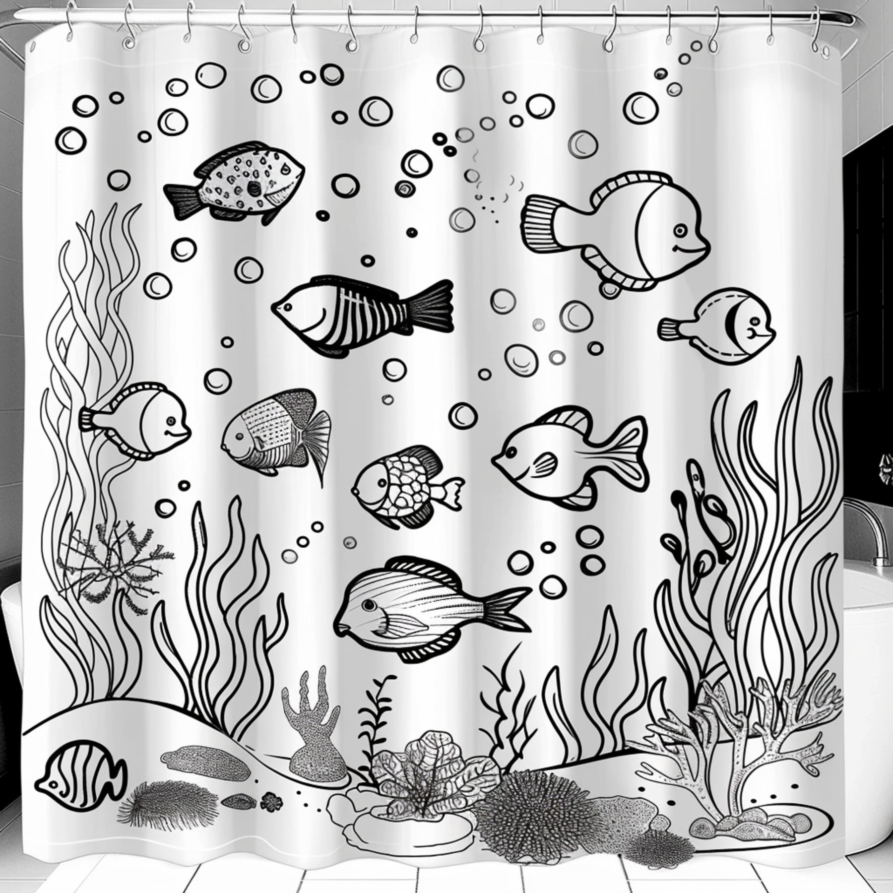 Ocean Themed Black and White Fish Shower Curtain with Cartoon Seaweed ...