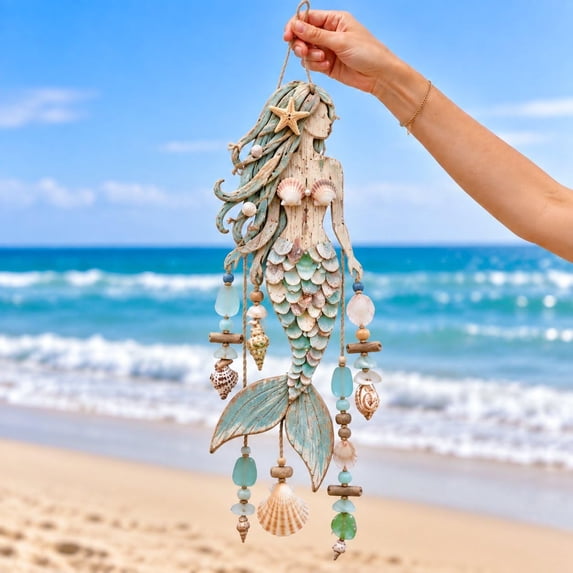 Window Style Design Ocean Themed Coastal Wind Chime,Shell Sea Glass Style Hanging Decor ...