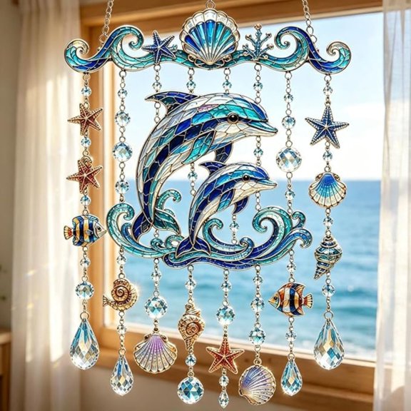 Ocean-Themed Crystal Wind Chime, Ocean Animal Hanging Suncatcher with Prism Drops, Coastal Beach Glow House Outdoor Decor for Garden Yard Patio Porch Window