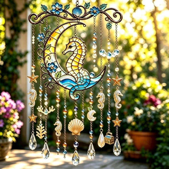 Ocean-Themed Wind Chime, Ocean Animal Stained Glass Wind Chime for Outside, Whale Turtle Dolphin Fish Acrylic Hanging Wind Chime with Pendants for Home Garden Porch Balconyï¼Turtle