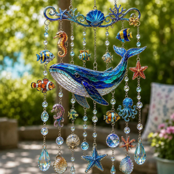 Ocean Themed Crystal Wind Chime, Ocean Fish Dolphin Turtle Suncatcher, Prism Ornament Pendant, Beach Water Decor