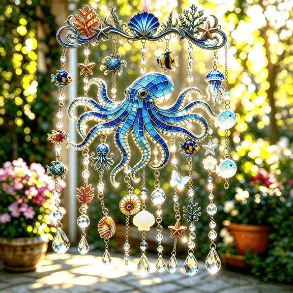 Ocean-Themed Crystal Wind Chime, Outdoor Hanging Patio Window Coastal Decor for Men Women(RL D)
