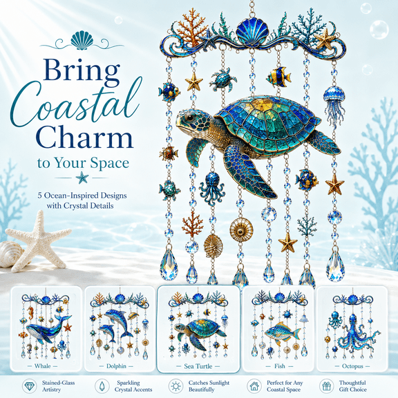 Ocean-Themed Crystal Wind Chime, Sea Turtle Whale Dolphin Suncatcher Hanging Decor with Prism Drops, Coastal Outdoor Garden Patio Window Decoration for Beach House