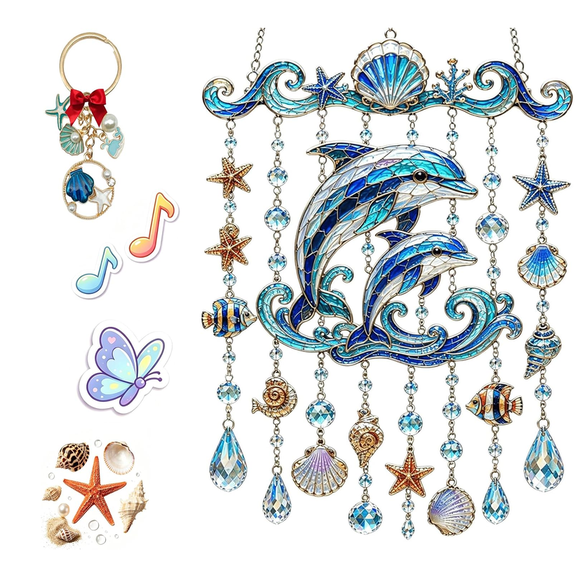 Ocean-Themed Crystal Wind Chime, Stained Acrylic Sea Turtle Whale Dolphin Hanging Suncatcher with Prism Drops, Coastal Beach Glow Animal House Outdoor Decor for Garden Yard Patio Porch Window