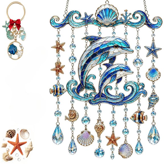 Ocean-Themed Crystal Wind Chime, Stained Acrylic Sea Turtle Whale Dolphin Hanging Suncatcher with Prism Drops, Coastal Beach Glow Animal House Outdoor Decor for Garden Yard Patio Porch Window