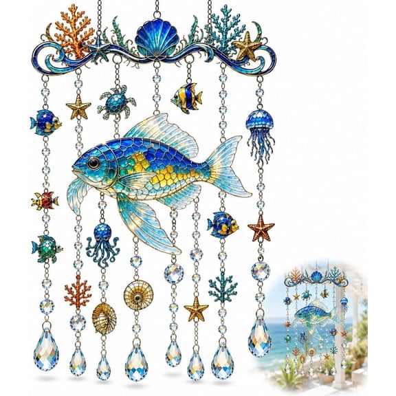 Ocean Themed Crystal Wind Chime, Wind Chimes for Outside, Ocean Fish Turtle Suncatcher, Prism Ornament Pendant, Beach Water Decor Coastal Charm, Timeless Gift Hanger(Fish)