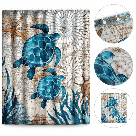 Ocean Themed Fabric Shower Curtain Set, Teal Green Sea Turtle Beach Bathroom Decor Shower Curtains for Bathroom with Grommets and Hooks, 71 x 71 Inch Waterproof Shower Curtain