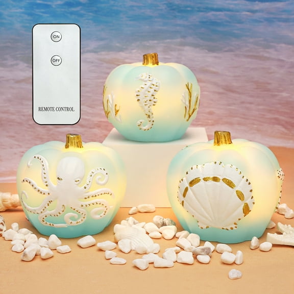 Ocean Themed Flameless Candles, Carved Pumpkin LED Candles with Remote, Carved Real Wax Pumpkin, Battery Operated for Thanksgiving and Fall Decoration, Set of 3