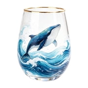 Ocean Themed Glass Cup Blue and Gold Drinkware Whale Decor Cocktail Tumbler Barware Gift for Home Entertaining