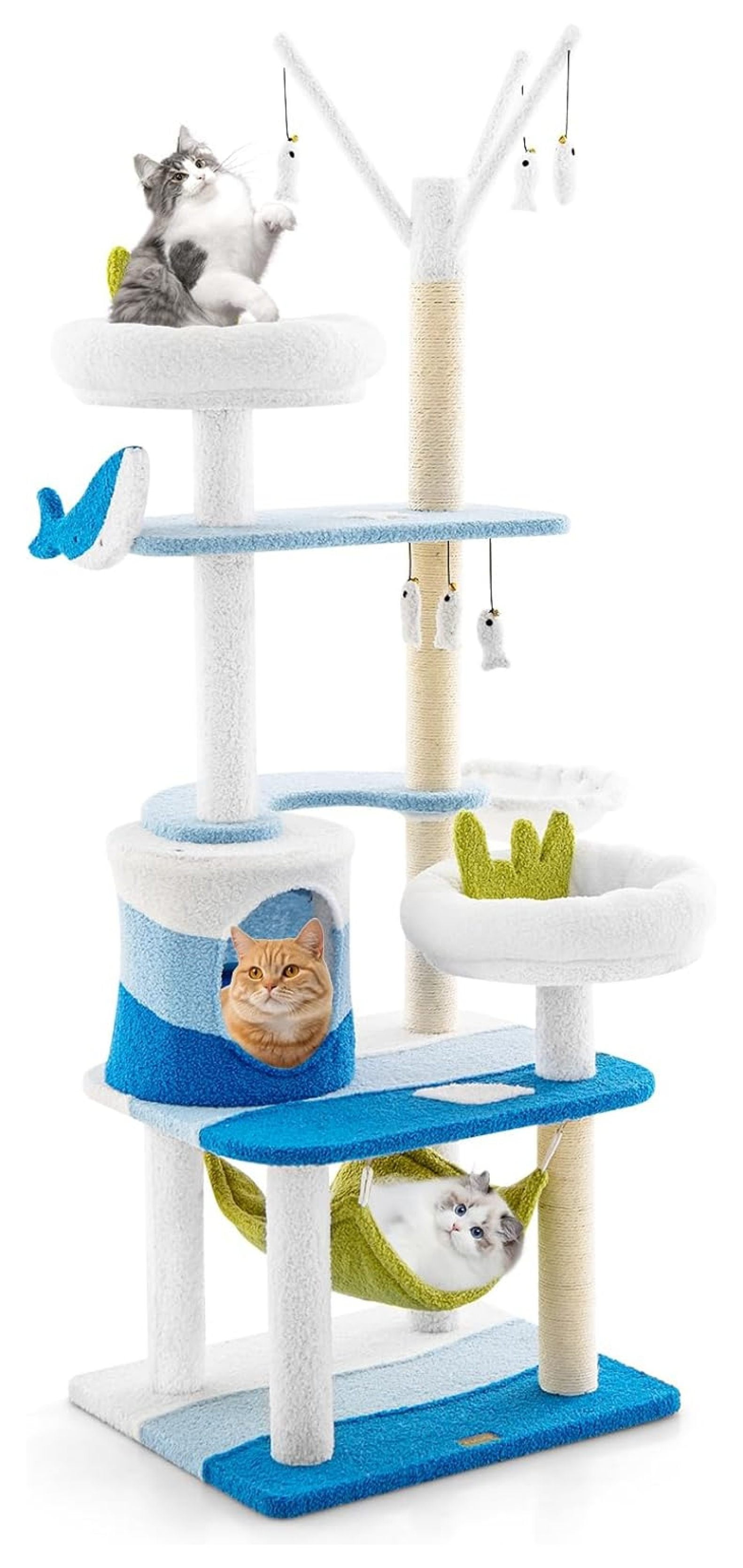Ocean-Themed for Indoor Cats, Multi-Level Cat Tower with Natural Sisal Scratching Posts, Hanging Toys Padded Top Perch, Modern for Large Cats 20 lbs Heavy Duty (65")