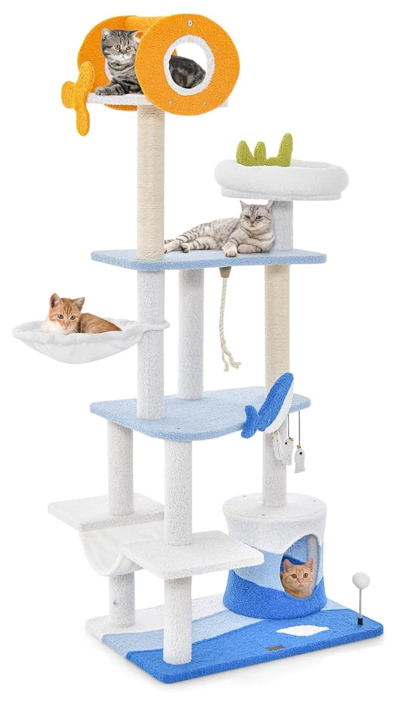 Ocean-Themed for Indoor Cats, Multi-Level Cat Tower with Natural Sisal Scratching Posts, Hanging Toys Padded Top Perch, Modern for Large Cats 20 lbs Heavy Duty (66")