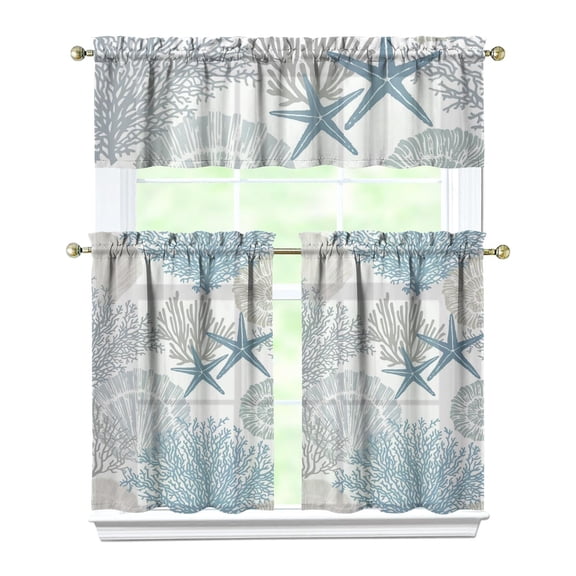 Ocean Themed Kitchen Curtains Set of 3 - Seahorse & Coral Beach Design, Rod Pocket Window Treatments for Rustic or Modern Decor
