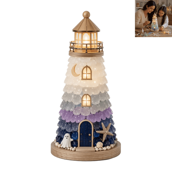 Ocean Themed Lighted Lighthouse DIY Kit, Sea Glass Art Kit, DIY Craft Kits for Adults, Complete Accessory Set with Shells Pearls for Family Hand‑Craft Project Tabletop Home Decoration-F