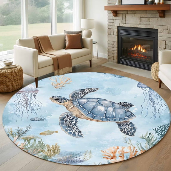 Ocean Themed Round Rugs for Living Room 6ft Nautical Sea Turtle Jellyfish Watercolor Blue Non Slip Circle Rug Washable Low-Profile Indoor Carpet for Bedroom, Dining Room, Bathroom