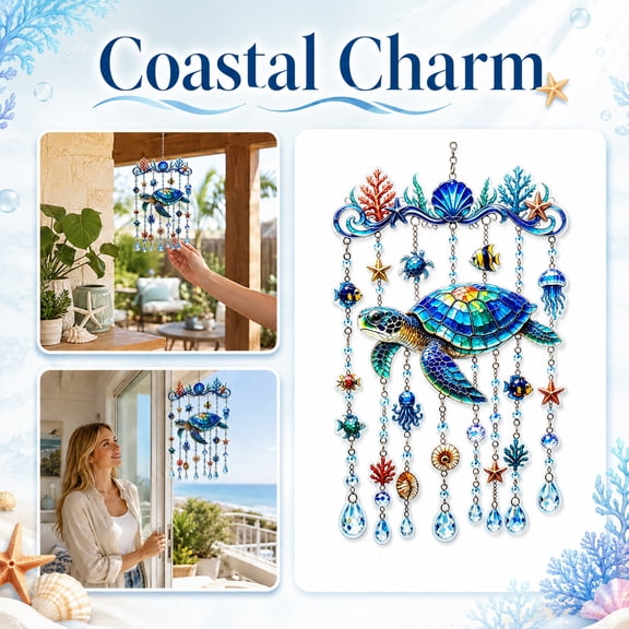 Ocean Themed Sea Turtle Wind Chime Suncatcher Stained Glass Acrylic with Crystal Prism Drops, Beach Nautical Animal Hanging Ornament for Garden Patio Porch Window Indoor Outdoor Decor