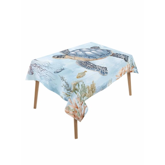Ocean Themed Table Cloth 52x70 Inch Rectangle, Nautical Sea Turtle Jellyfish Watercolor Blue Waterproof Tablecloth Washable Table Cover for Party Picnic Dinner Decor