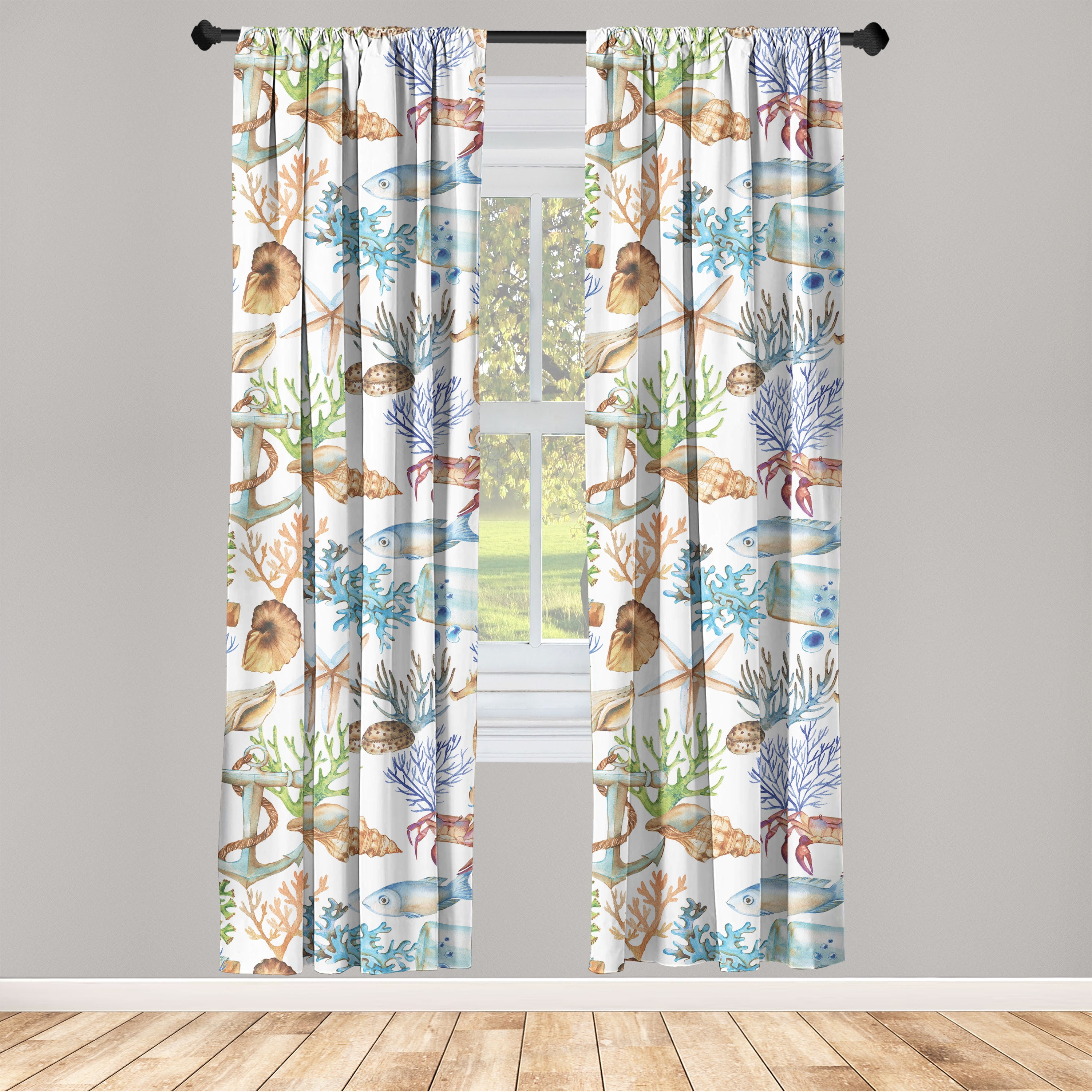 Ocean Themed Window Curtains, Nautical Design Seahorse Fish and Anchor
