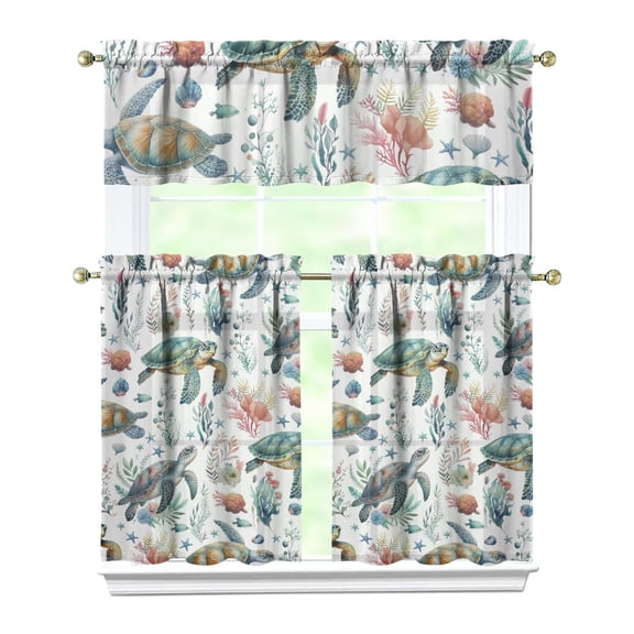 Ocean Themed Window Treatment Panels Set of 3, Hawaiian Sea Turtles & Underwater Design, Rod Pocket Short Curtains for Kitchen/Bathroom