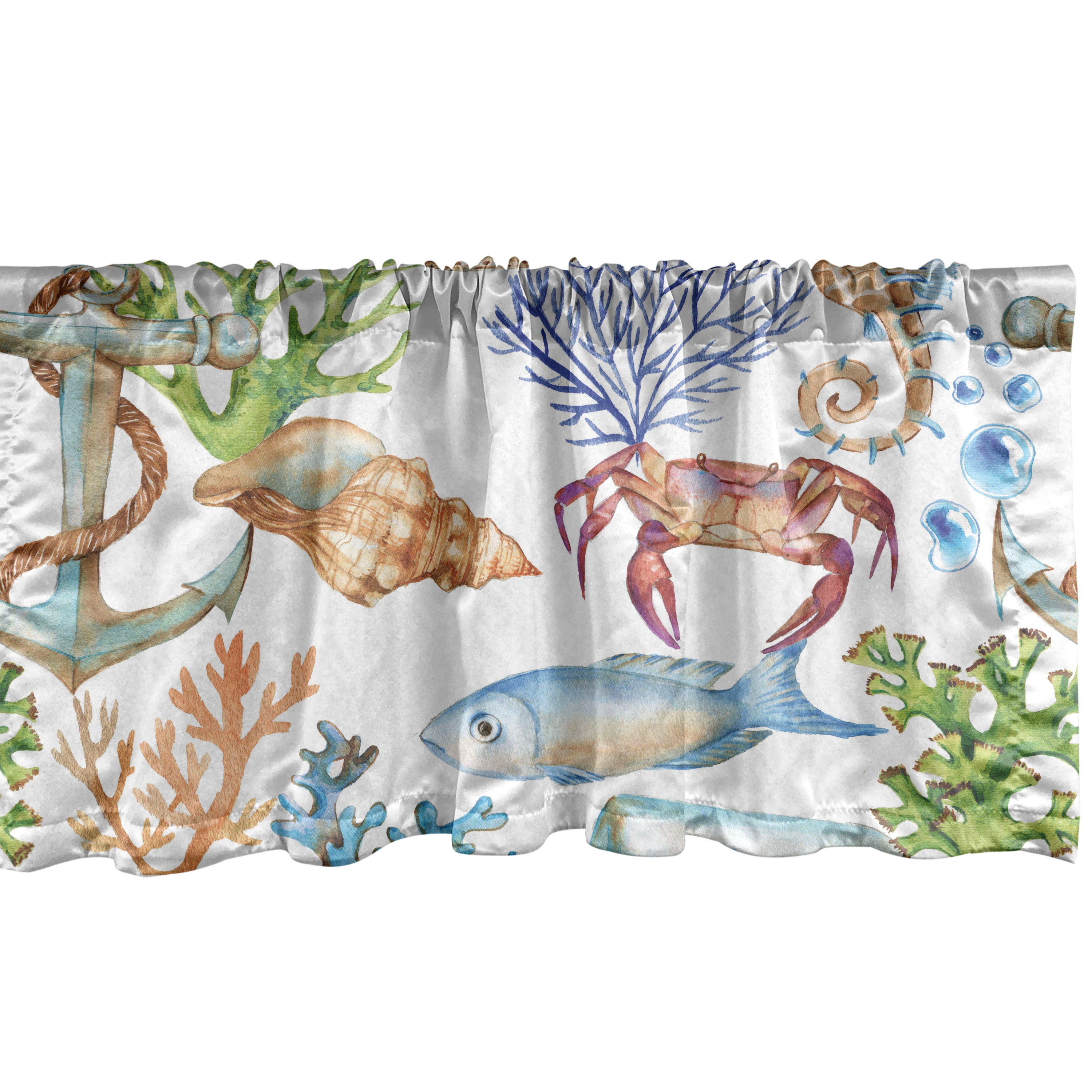 Ocean Themed Window Valance, Nautical Design Seahorse Fish and Anchor