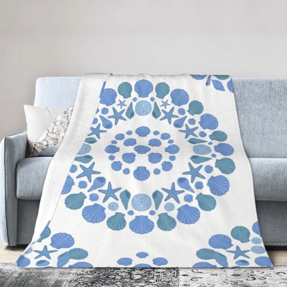 Ocean Throw Blanket, Coastal Seashell Starfish Pattern, Warm Cozy Blanket for Sofa, Couch and Bed 50x40