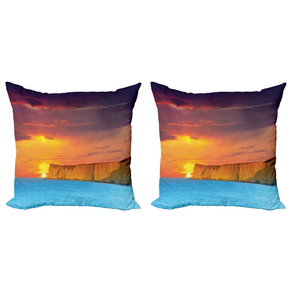 Ambesonne Summer Throw Pillow Cover 2 Pack, Sea Sunset with Cliffs, 16", Yellow Purple Blue