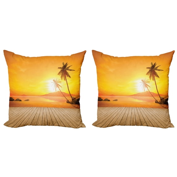 Ambesonne Tropical Throw Pillow Cover 2 Pack, Wooden Deck Sunset, 20", Orange Brown
