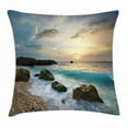 thumbnail image 1 of Ocean Throw Pillow Cushion Cover, Seascape Composition of Nature Rocks Waves Cloudy Sky Rising Sun Beach Photo, Decorative Square Accent Pillow Case, 24 X 24 Inches, Brown Blue Yellow, by Ambesonne, 1 of 2