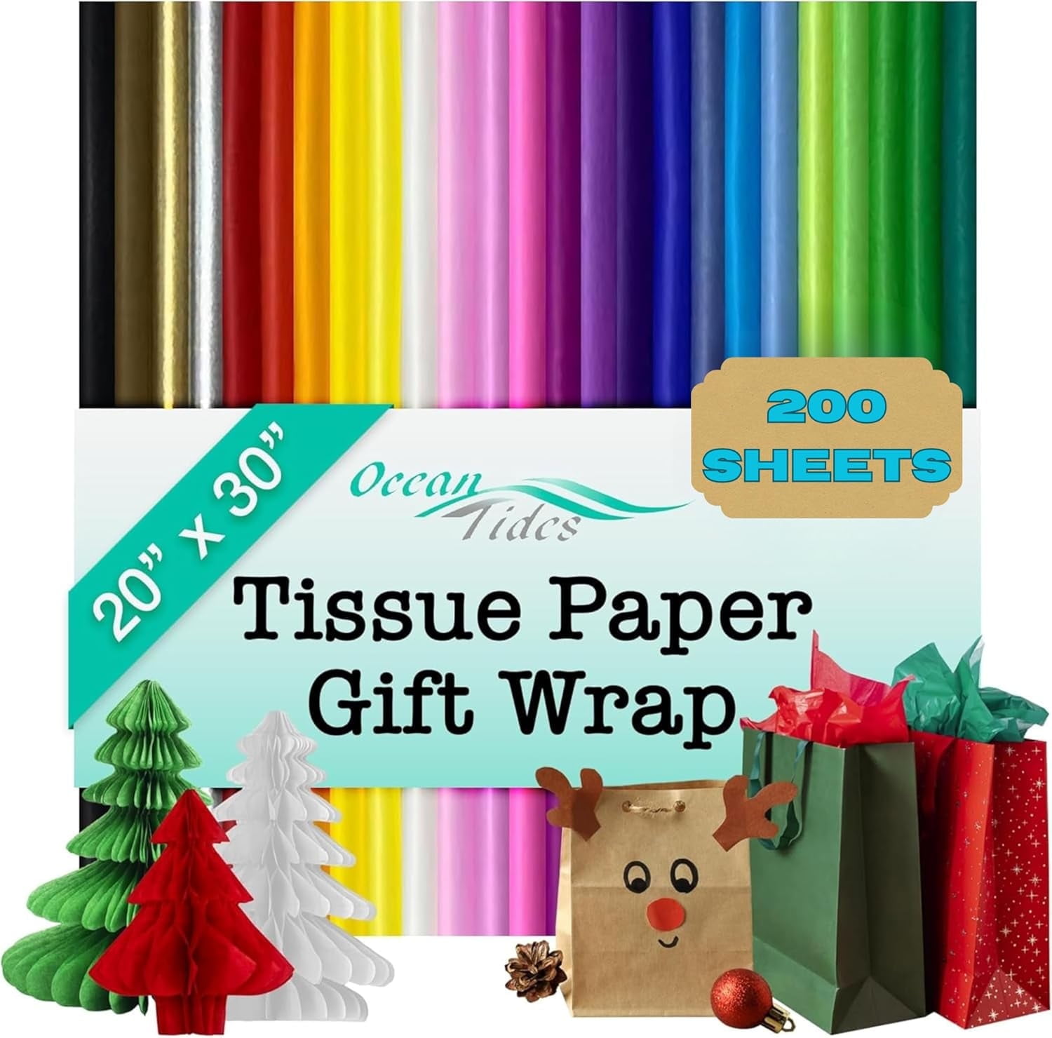 Ocean Tides 200 Sheets (20 x 30 Inches) Christmas Wrapping Paper – Gift Wrapping Tissue Paper Bulk for Crafts, Birthdays, & Holidays – Colored Tissue Papers for Gift Bags & Decorations, Assorted