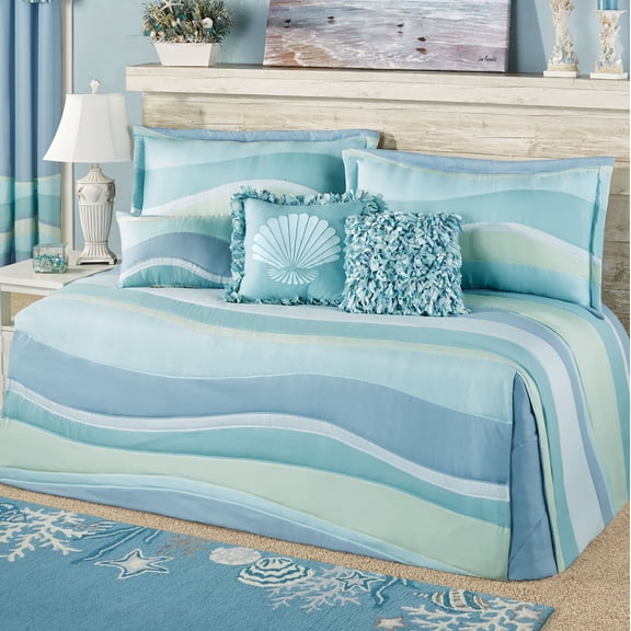 Ocean Tides II Abstract Wave Quilted Bedding, Cool Coastal Blue, 5-pc Hollywood Daybed Set
