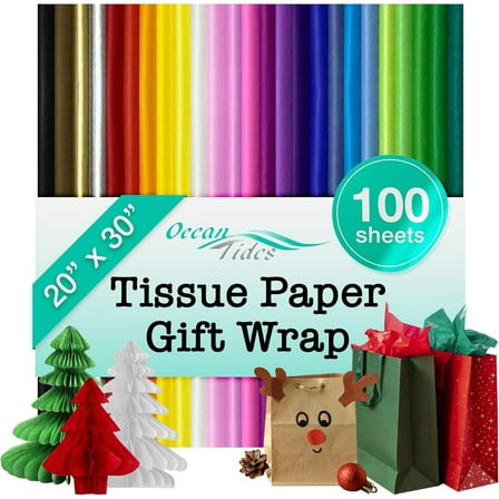 Ocean Tides Tissue Paper for Gift Wrapping (100 Sheets) 25 Assorted Colors, Gift Bags, Packaging, Floral, Birthday, Holidays, Christmas, Halloween, and DIY Crafts 20"x30"