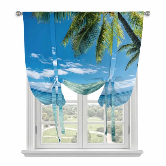 Ocean Tie Up Curtains for Windows, Adjustable Rod Pocket Valance Shade, Summer Palm Trees Blue Sky Beach Scenery Light Filtering Window Treatment for Kitchen Bedroom Living Room 34"x 45"
