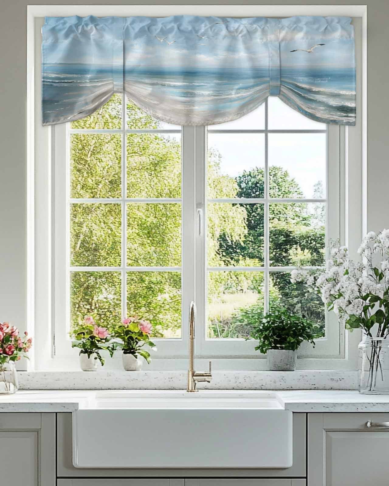 Ocean Tie Up Valances Curtain, Adjustable Kitchen Summer Beach Seagull Oil Painting Coastal Valances for Windows Decor, Rod Pocket Short Curtains Set for Bedroom/Bathroom, 60"x18"