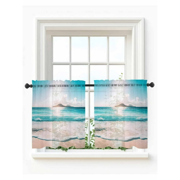 Ocean Tier Curtains 36 Inch Length,Sheer Curtains for Bedroom Living Room,Blue Coastal Sunrise Beach Blue Sky Sand Scenery Rod Pocket Voile Drapes Kitchen Curtains for Small Window 27.5"x36" 2 Panels