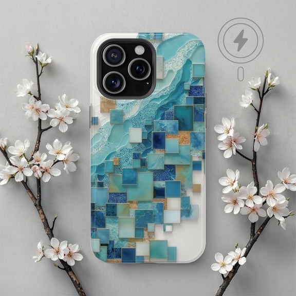 Ocean Tile Mosaic Phone Case Blue Wave Coastal Art for iPhone 17 11 12 13 14 15 16 Pro Max