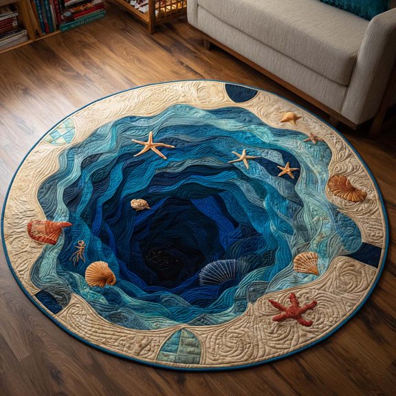Ocean Treasures Quilted Round Mat, 3D Optical Illusion Ocean Rug, Ocean Treasures Floor Mat, Coastal Home Decor, Indoor Outdoor Area Rug