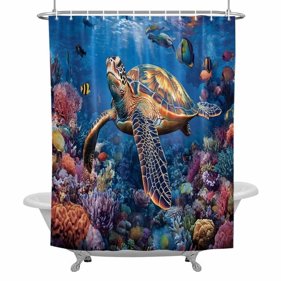 Ocean Tropical Animal Bathroom Shower Curtain, Abstract Coral Turtle Fish Waterproof Washable Soft Bath Curtain for Bathtub Decor with 12 Hooks&Grommet, 72x72 Inch