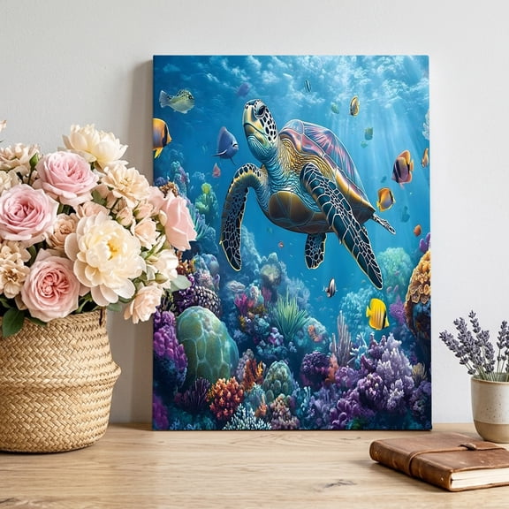 Ocean Tropical Animal Canvas Wall Art, Abstract Fish Turtle Pictures Wall Decor Wooden Framed Artwork Art Prints for Living Room Hallway Bedroom Office 24"x36"