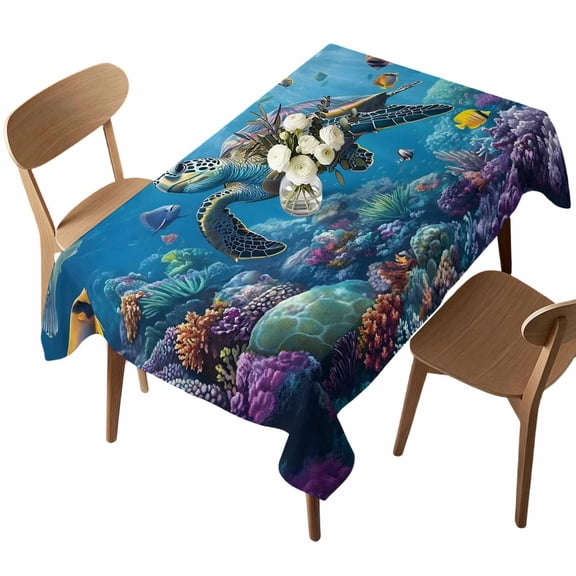 Ocean Tropical Animal Rectangle Tablecloth Abstract Fish Turtle Waterproof Wrinkle Free Soft Table Cloth Spill-Proof Washable Table Cover for Dining Party Picnic 52 x 70 Inch