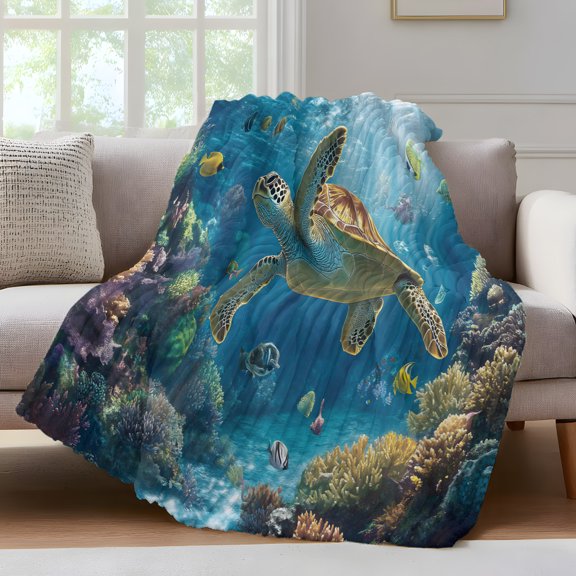 Ocean Tropical Animal Throw Blanket for Couch Abstract Turtle Fish Soft and Warm Flannel 3D Striped Fluffy Fuzzy Fleece Blanket Lightweight Throw for Bed, Sofa 30 x 40 Inches