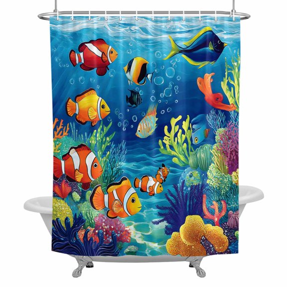 Ocean Tropical Bathroom Shower Curtain, Marine Life Colorful Clownfish Coral Seagrass Waterproof Washable Soft Bath Curtain for Bathtub Decor with 12 Hooks&Grommet, 36x72 Inch