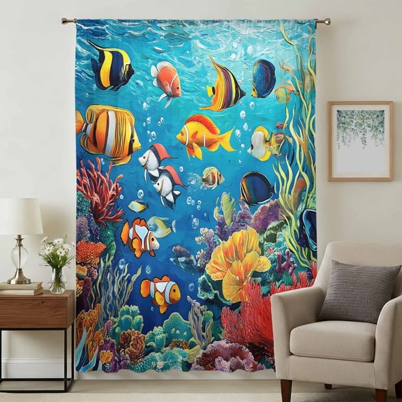 Ocean Tropical Fish Sheer Curtains 54 Inches Long, Coastal Nautical Seaweed Coral Light Filering Curtains, Breathable Simi Curtain Privacy Drapes for Kitchen Bathroom Small Window Treatment
