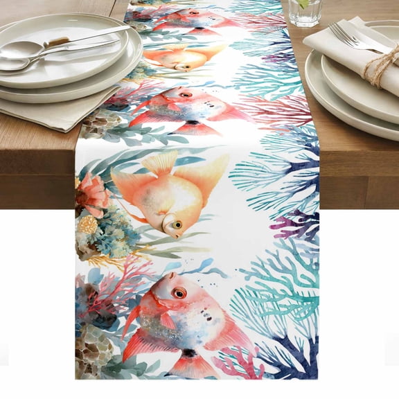 Ocean Tropical Fish Table Runner Coastal Blue Coral Marine Life Seagrass Tablerunners 13 x 48 Inch, Table Decorations Tabletop Scarf for Summer Gathering Holiday Farmhouse Kitchen Dining Decor