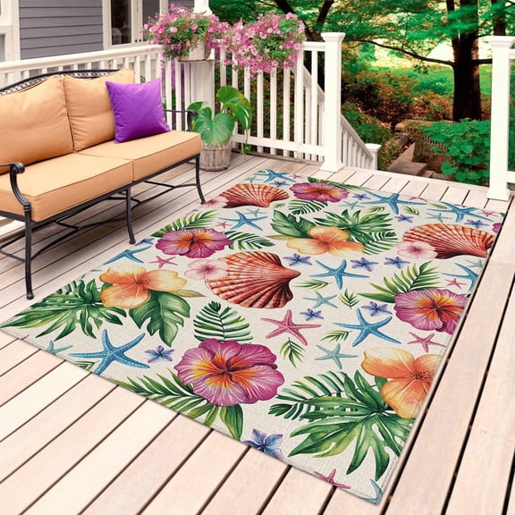 Ocean Tropical Outdoor Rug for Patio/Deck/Porch, Non-Slip Large Area Rug 5 x 7 Ft, Coastal Green Palm Leaf Blue Starfish Indoor Outdoor Rugs Washable Area Rugs, Reversible Camping Rug Carpet Runner