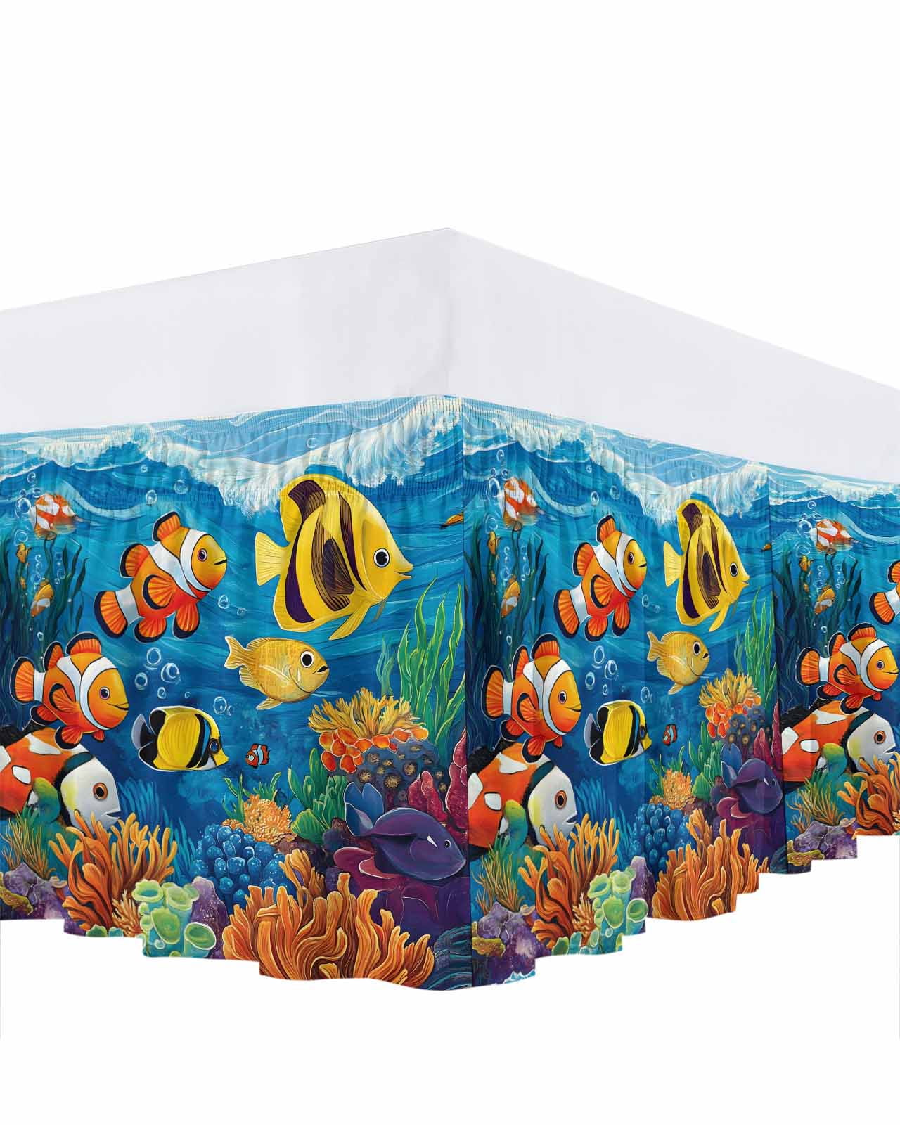 Ocean Tropical Ruffle Bed Skirt King Size Marine Life Colorful Fish Coral Seagrass Adjustable Elastic Dust Bed Skirts Wrap Around Bedskirt Wrinkle Free Easy Fit with 16 Inch Drop