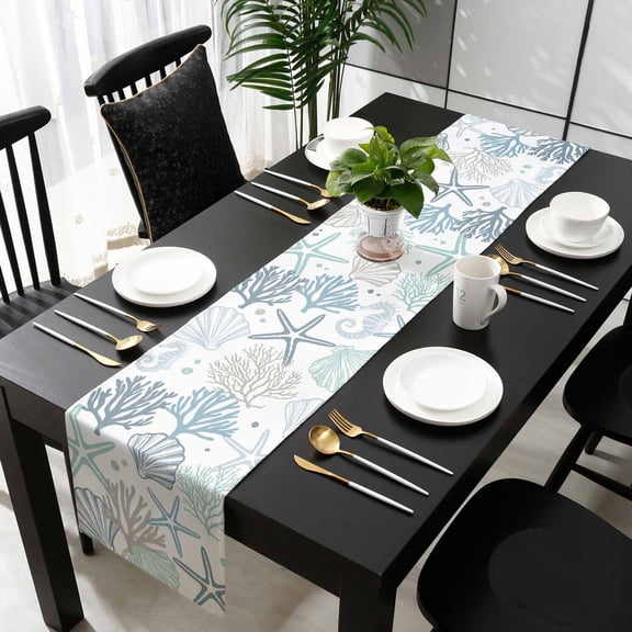 Ocean Turquoise Cotton Linen Small Table Runner 13 x 48 inch Coastal Gradient Coral Starfish Shell Non-slip Rectangular Dining Table Decor for Wedding Party Holiday Dinner