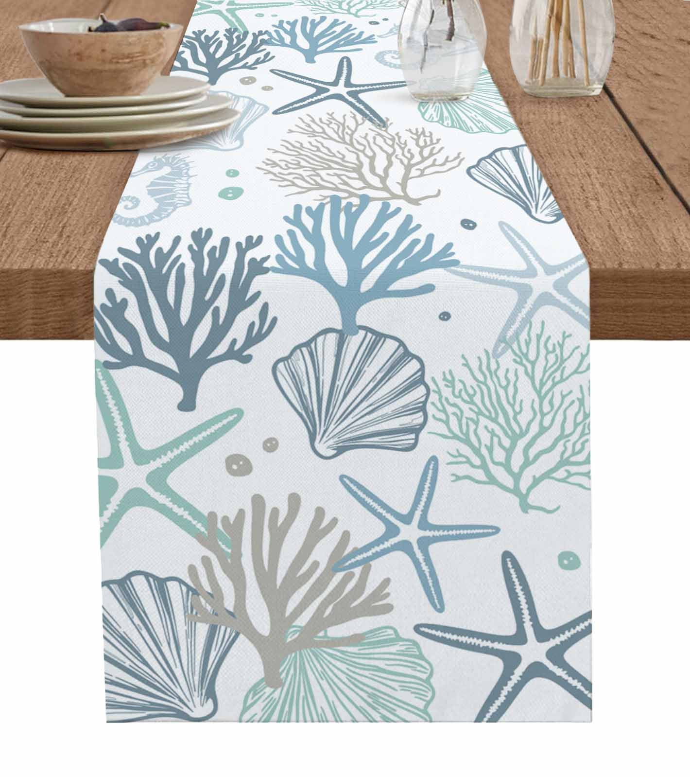Ocean Turquoise Table Runner Coastal Gradient Coral Starfish Shell ...