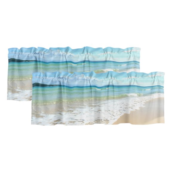 Ocean Turquoise Waves 2 Panels Kitchen Valance, Seaside Beach Blue Sky Sand Curtains Valances for Small Windows Rod Pocket Window Treatments for Living Room Bedroom 42" W x 12" L